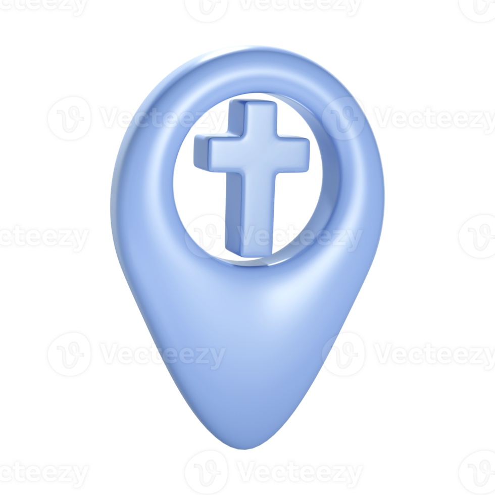 Christian 3d blue cross geotag gps icon. Element for church place, religious building address. Object transparent png