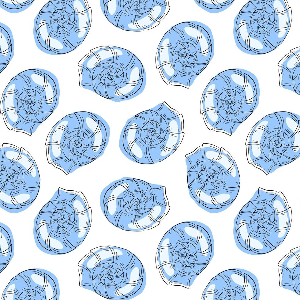 Seashell fossil seamless pattern in line art style. Undersea summer print in blue color for fabrics, wallpaper, fish market. Vector illustration on a white background.