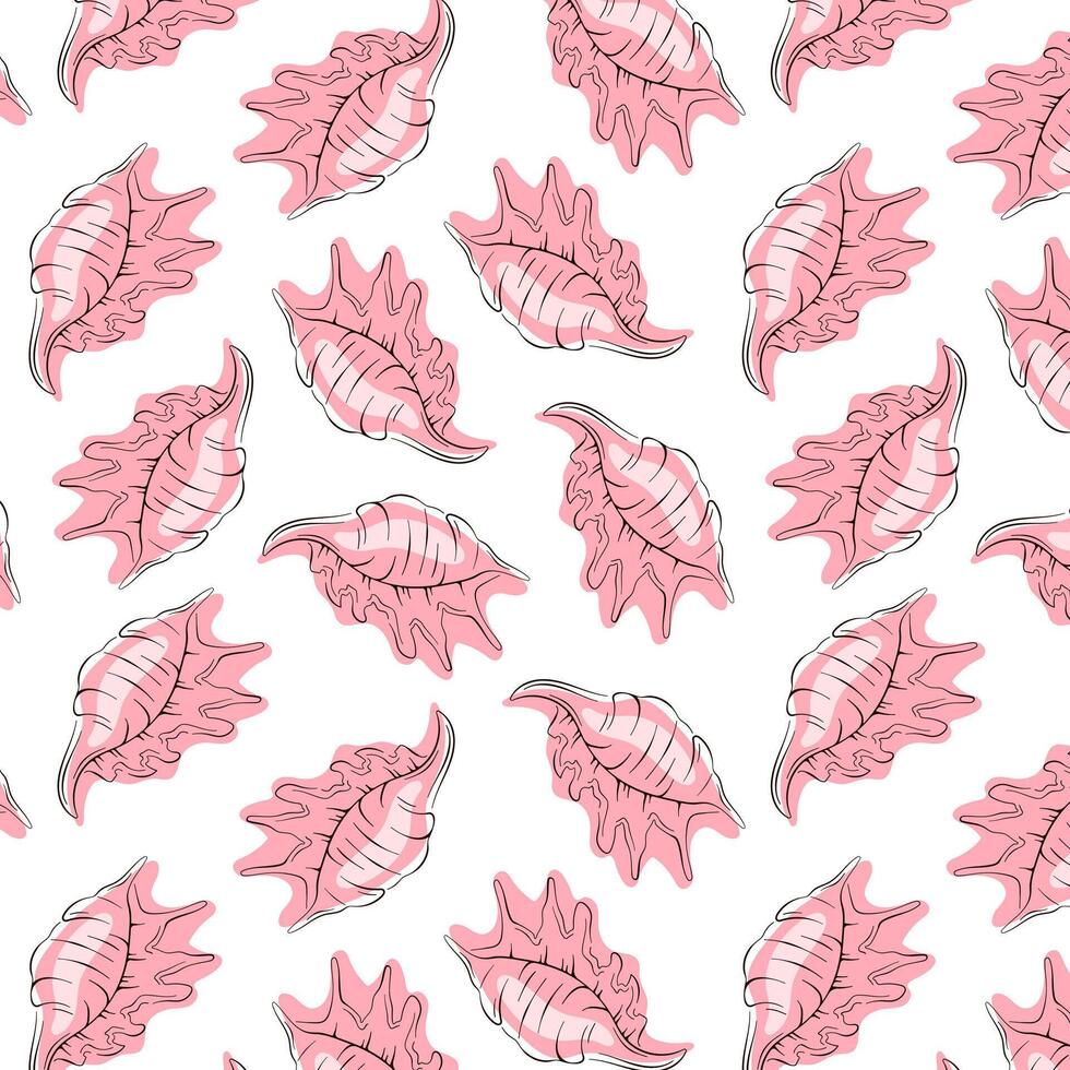 Seashell seamless pattern in line art style with pink color. Undersea repeat texture background. Summer ocean beach design for textile fabric design. Vector illustration on a white background.