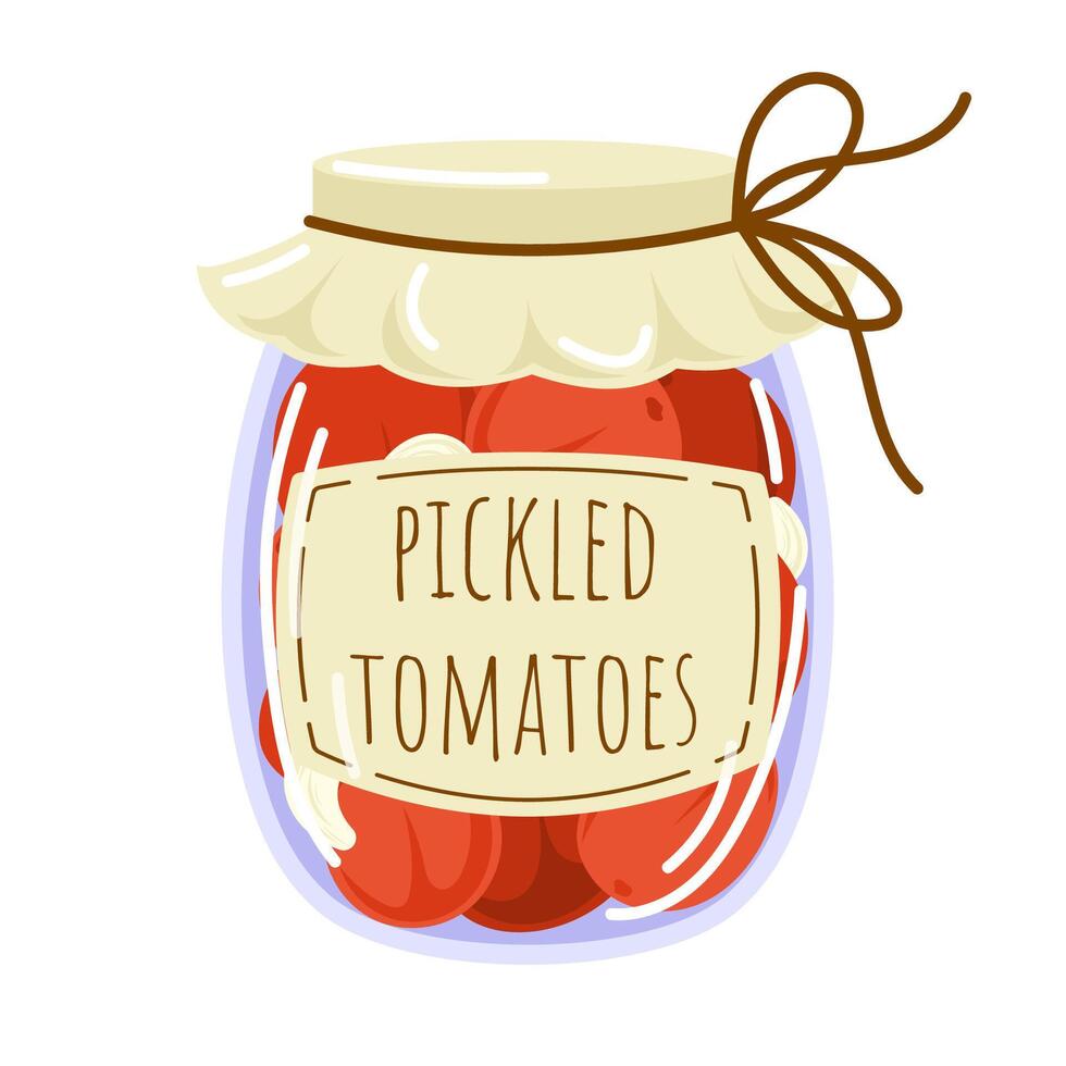 Homemade pickled tomatoes in glass jar. Flat style illustration of marinated vegetables for packaging, label, menu, food store. Vector illustration isolated on a white background.