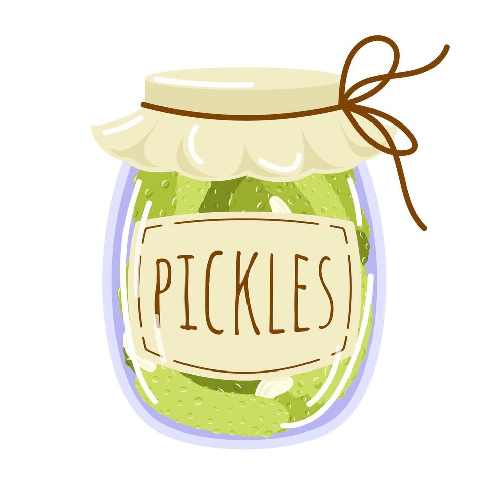 Pickles in jar in flat style. Marinated cucumbers in can, homemade production. Fermented veggies with salt. Vector illustration isolated on a white background.