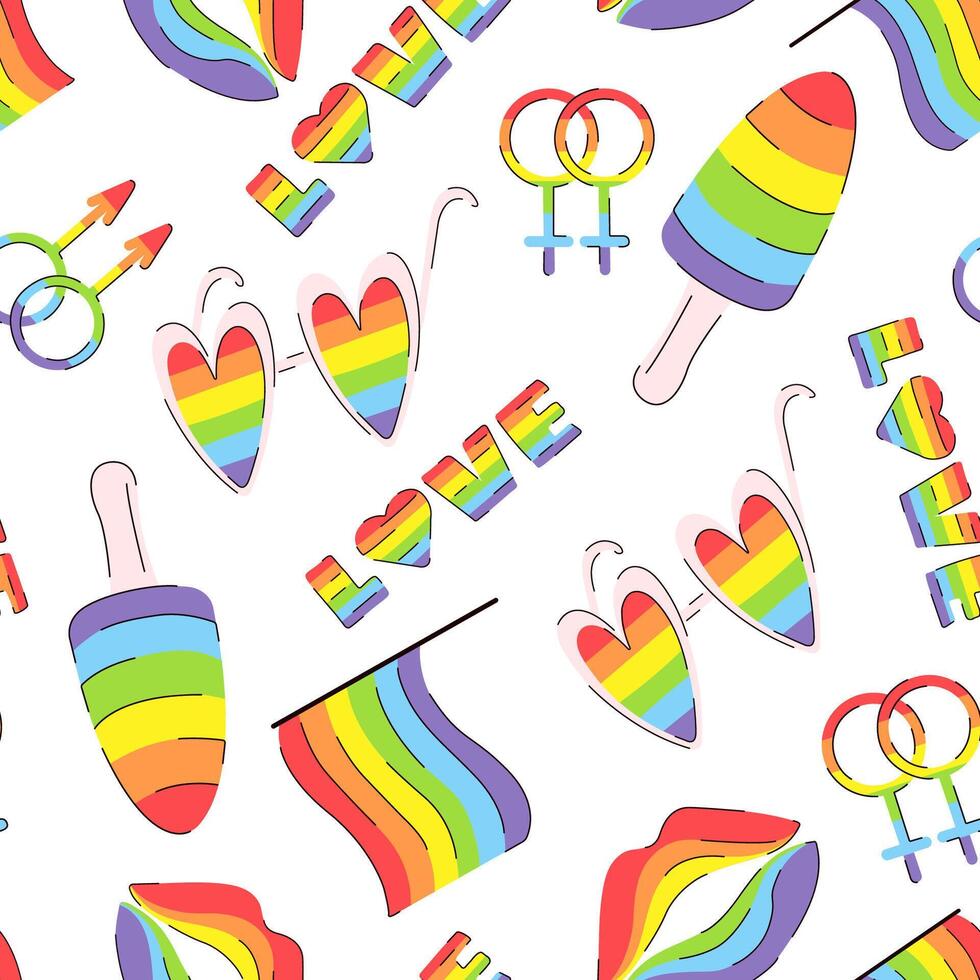 LGBTQ vector seamless pattern with pride symbols and rainbow colors. Pattern with flag, lips, ice cream, glasses and phrases. Pride Parade. Pride Month. Doodle vector illustration.