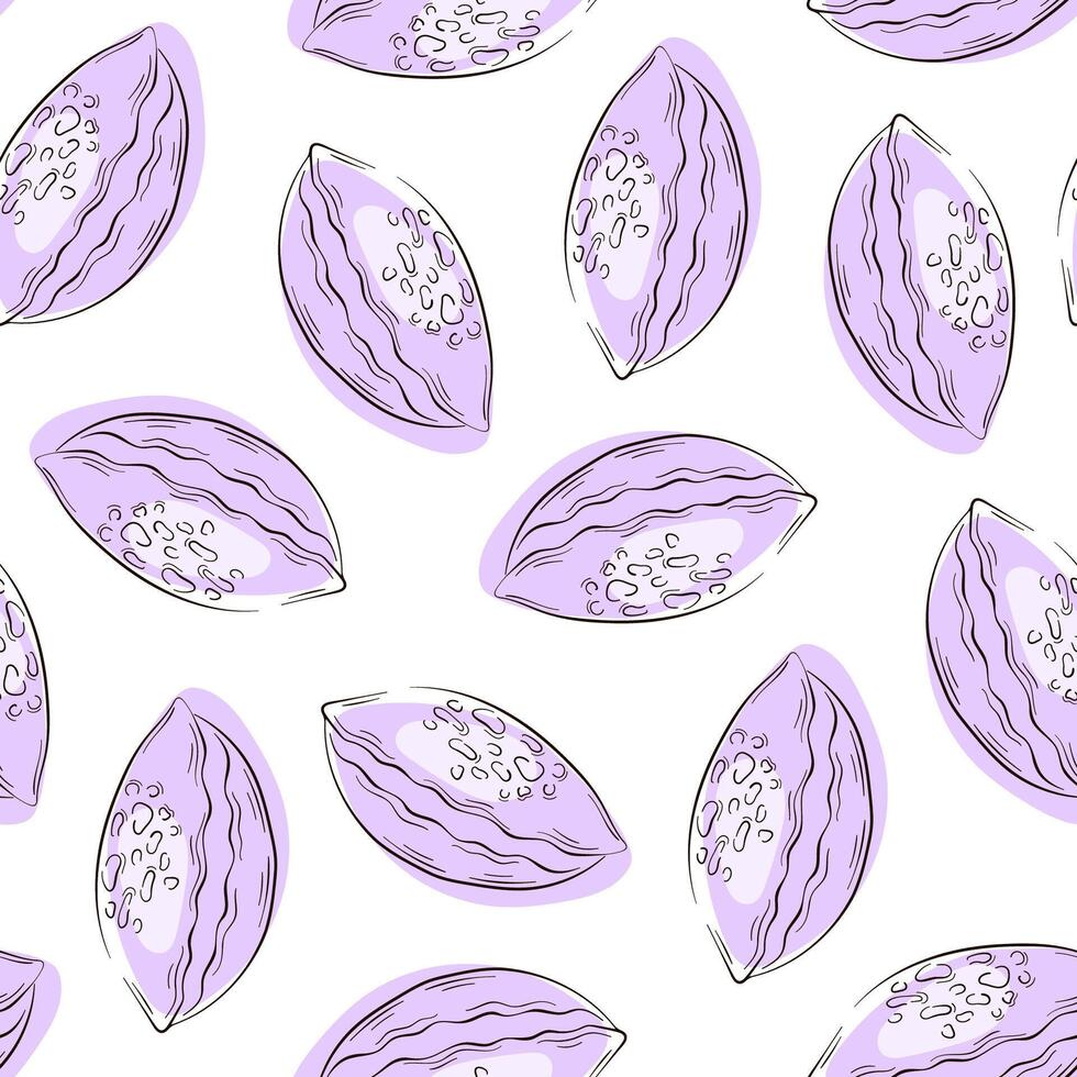 Seamless pattern of seashells in line art style. Sea decor for background, wallpaper, package, menu. Vector illustration on a white background.
