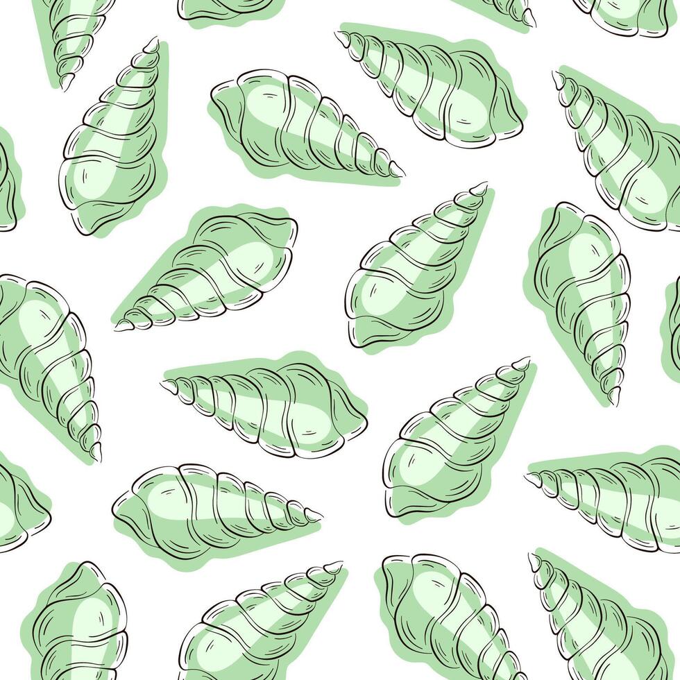 Seashells seamless pattern in line art style. Summer beach hand drawn undersea print for package, wrapping paper, cards. Vector illustration on a white background.