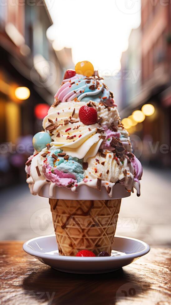 AI generated Ice cream in a waffle cone on the background of the street. photo