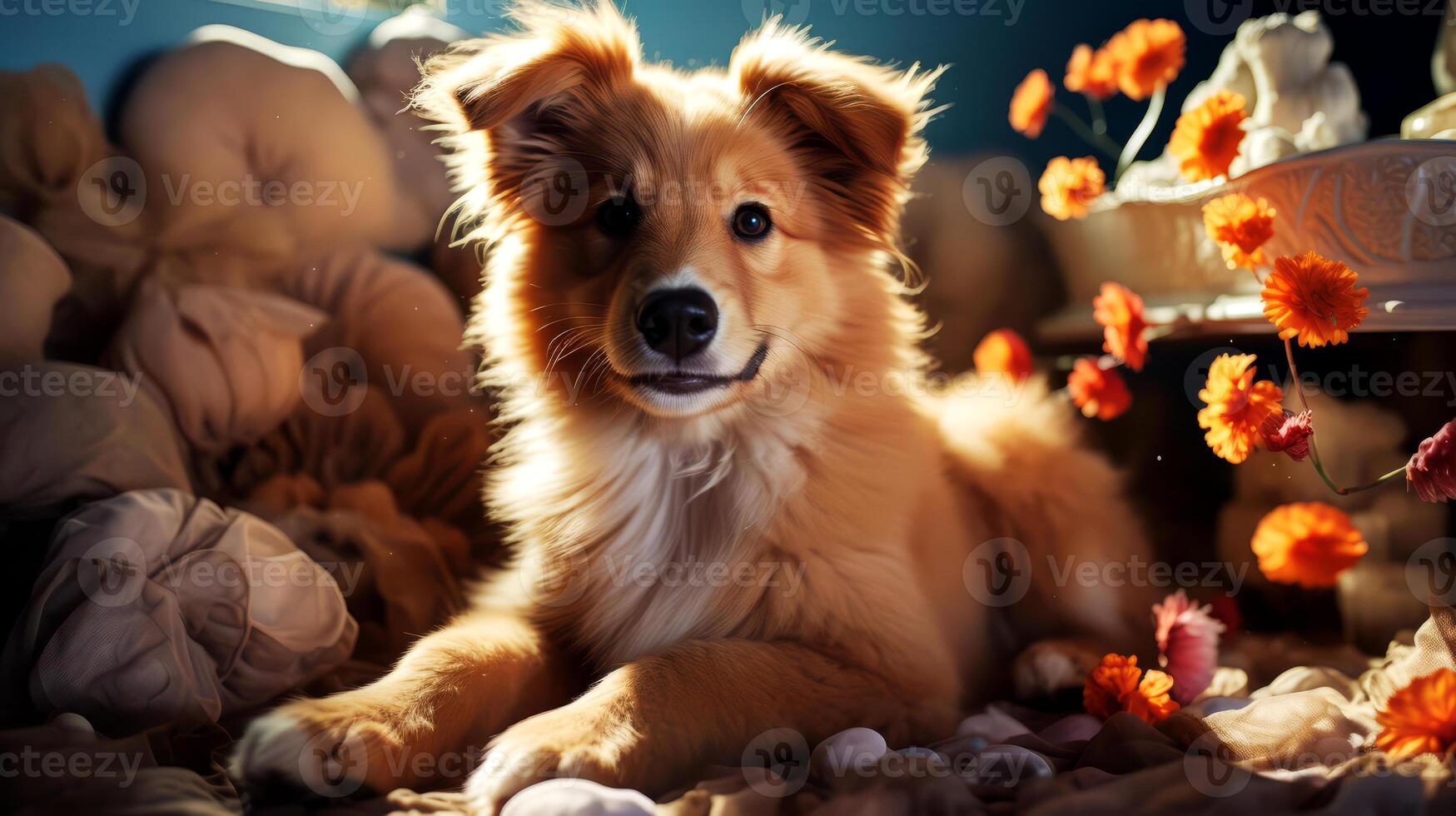 AI generated Cute dog and flower on light background. photo