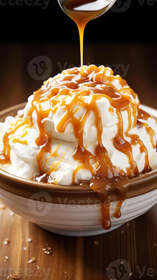 AI generated Caramel cake with whipped cream and caramel on a dark background. photo