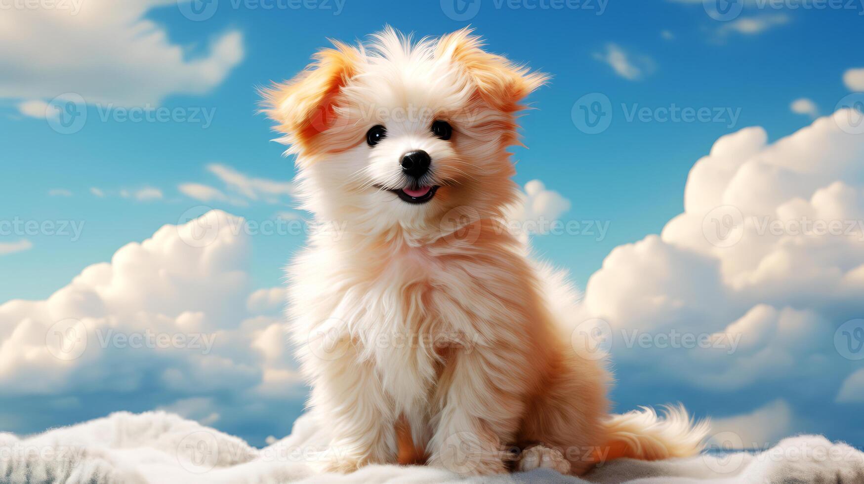 AI generated White Pomeranian dog on blue sky and cloud background. photo
