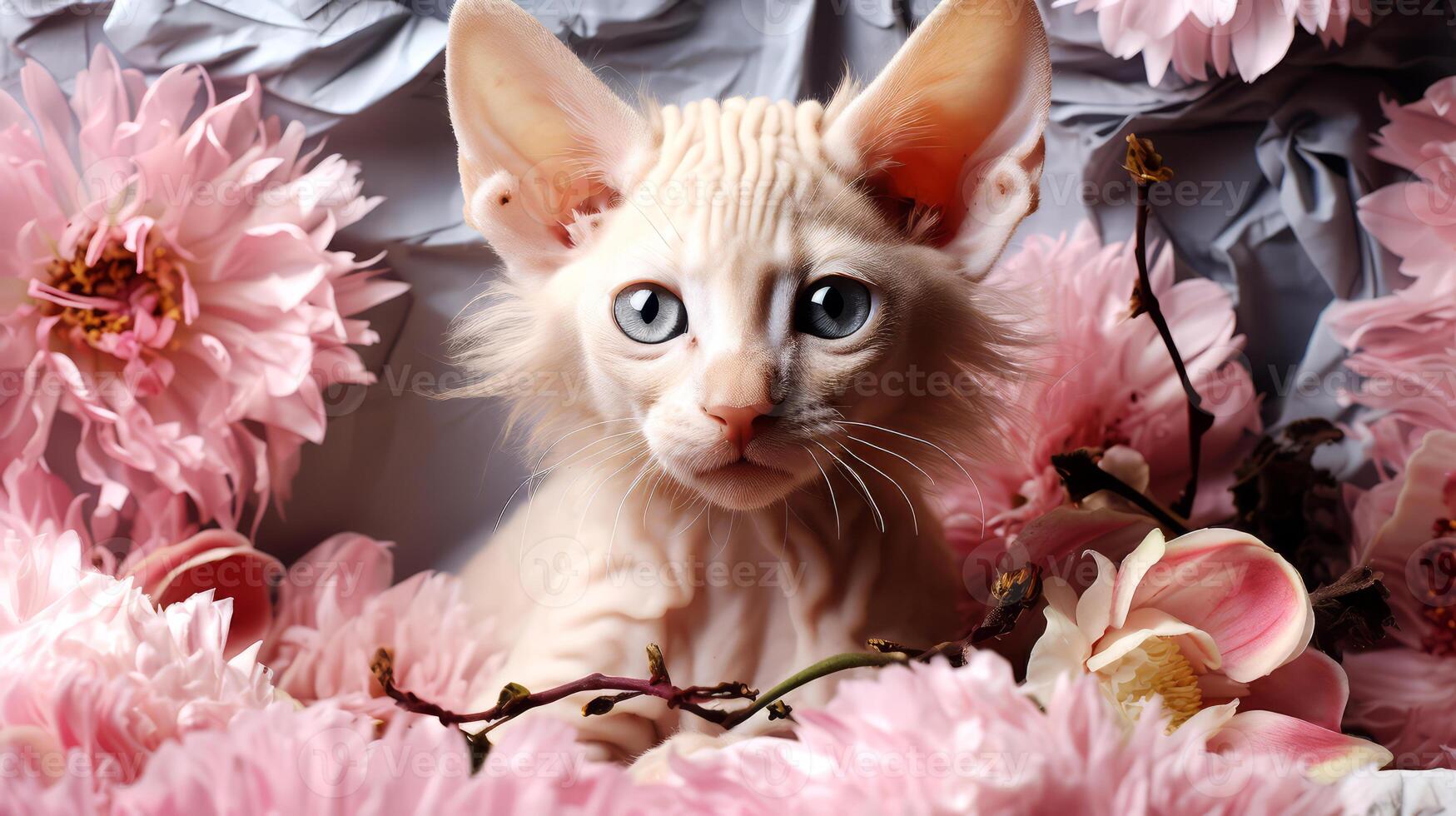 AI generated Sphynx cat with pink flowers. photo