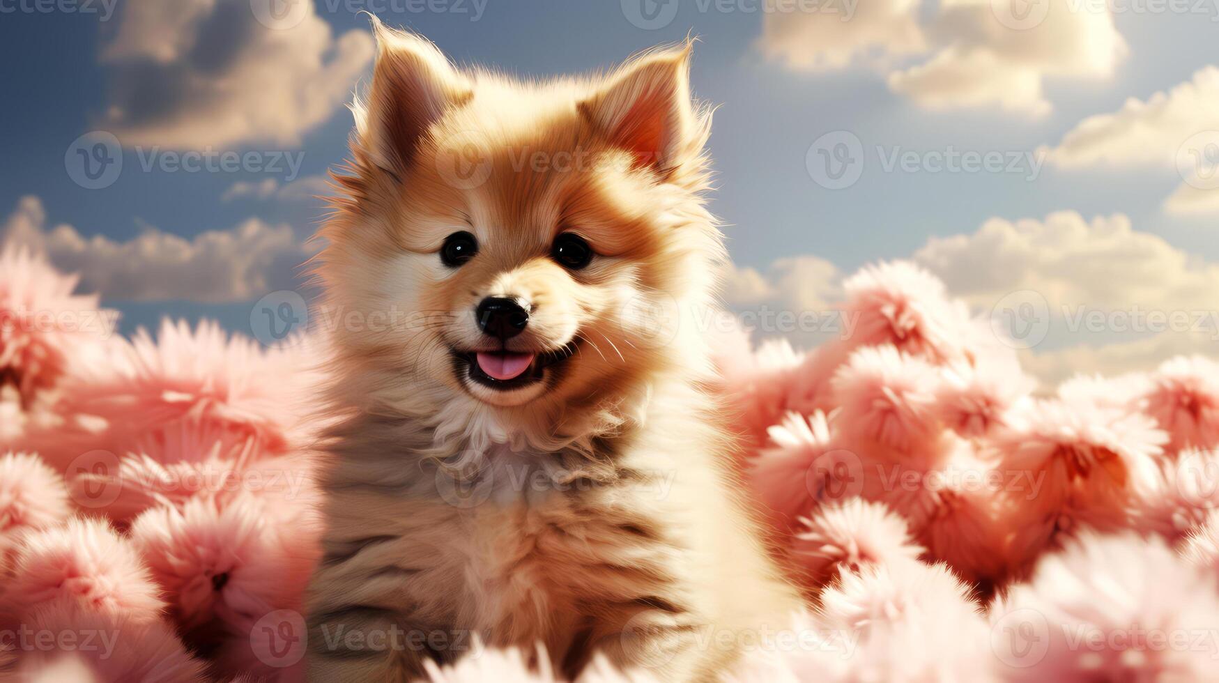 ai generado linda pomeranio perro en flores antecedentes. foto
