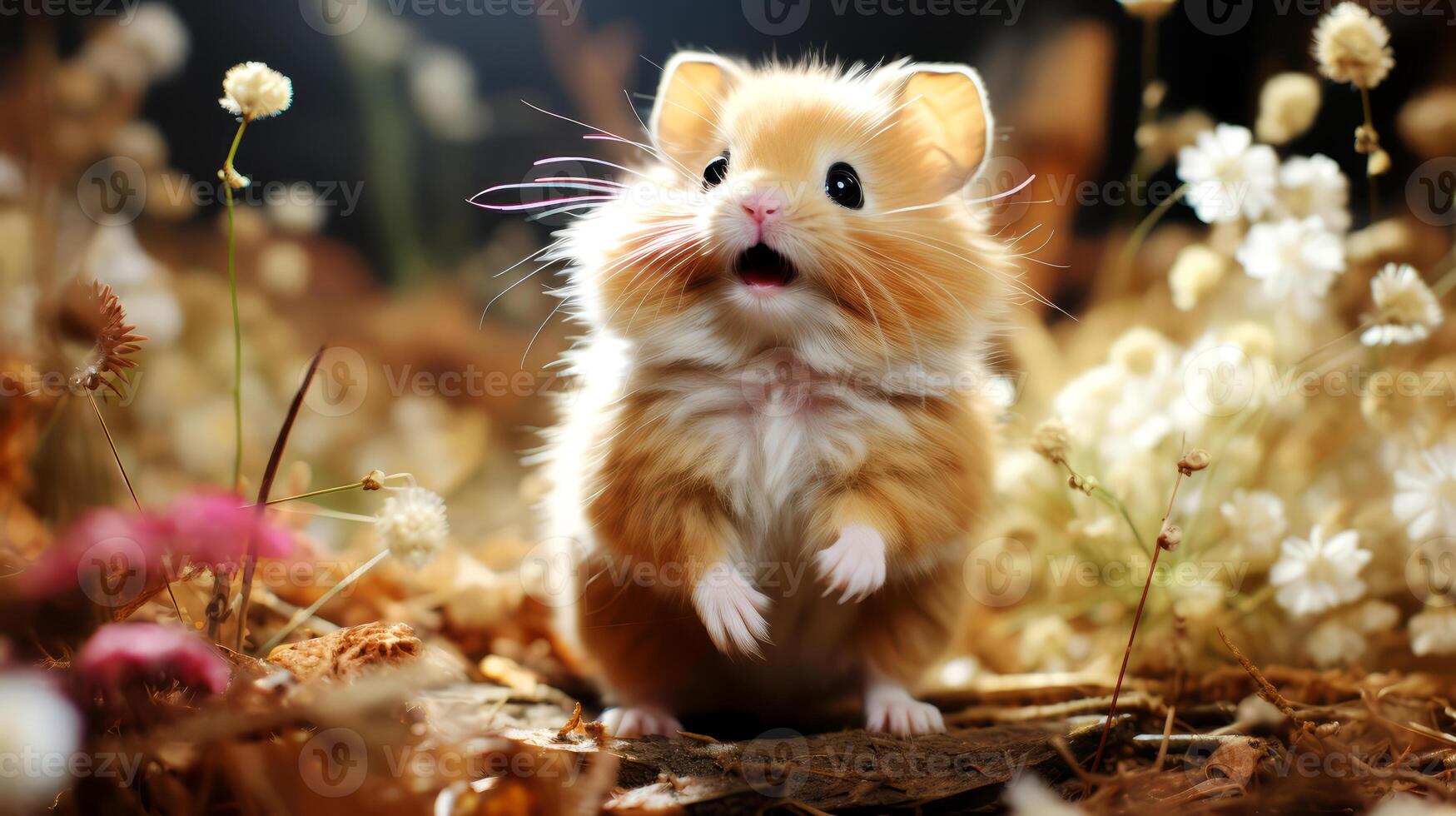 AI generated Hamster in the grass. Hamster on a background of flowers. photo