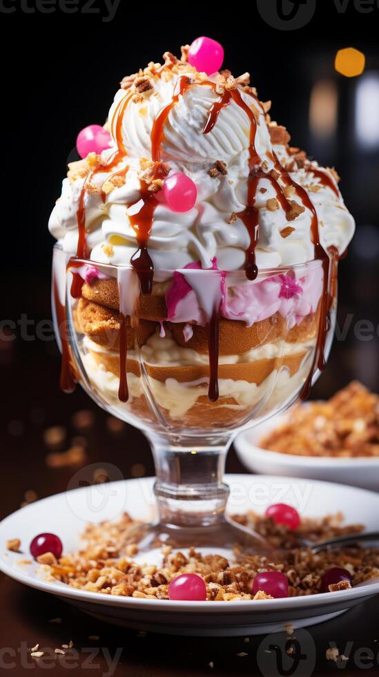 ai generado vainilla hielo crema con azotado crema y caramelo en un vaso bol. foto