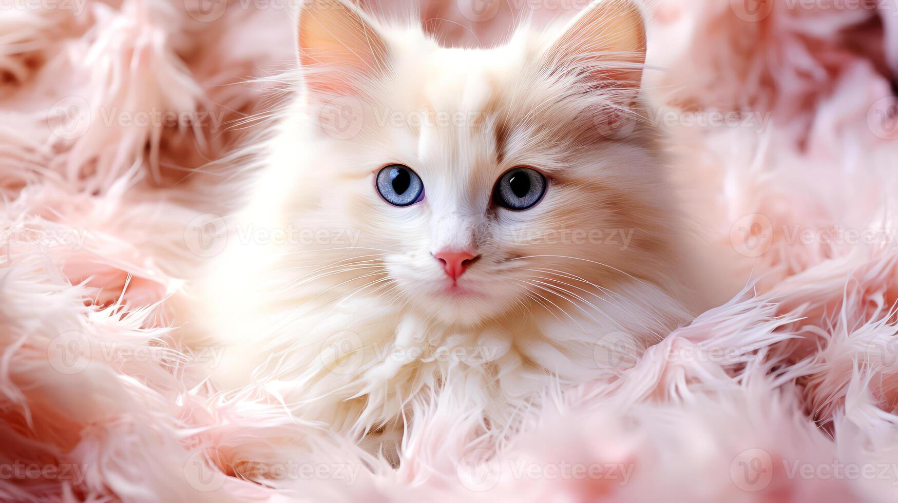 AI generated Beautiful cat with blue eyes on pink fur background. photo