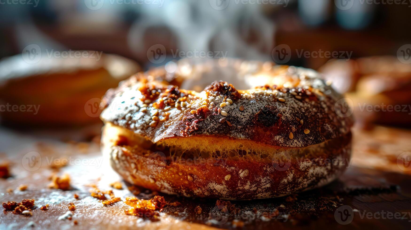 ai generado recién horneado Bagels con sésamo semillas en un de madera mesa. foto