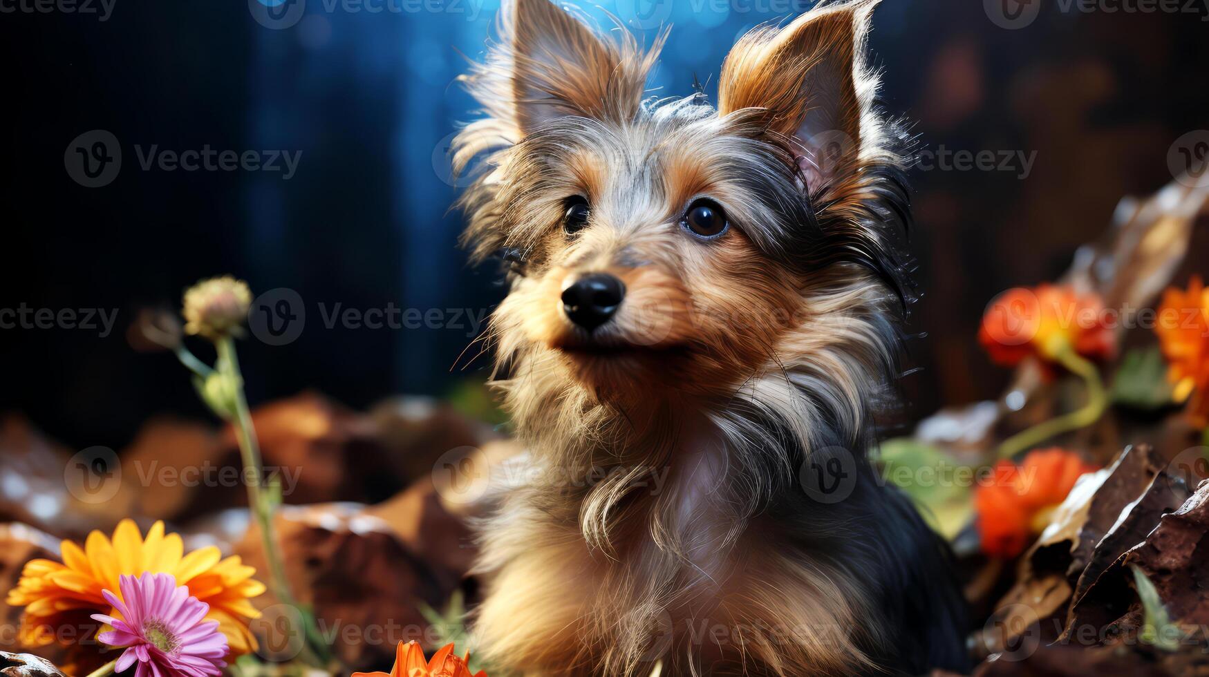 AI generated Portrait of a cute Yorkshire terrier on a background of autumn leaves. photo