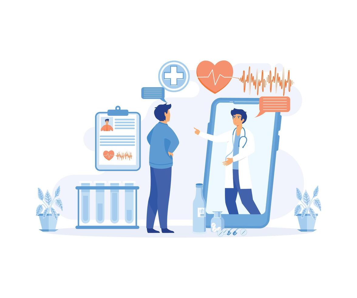 Online medical consultation and support services concept. Doctor videocalling on smartphone screen.  flat vector modern illustration