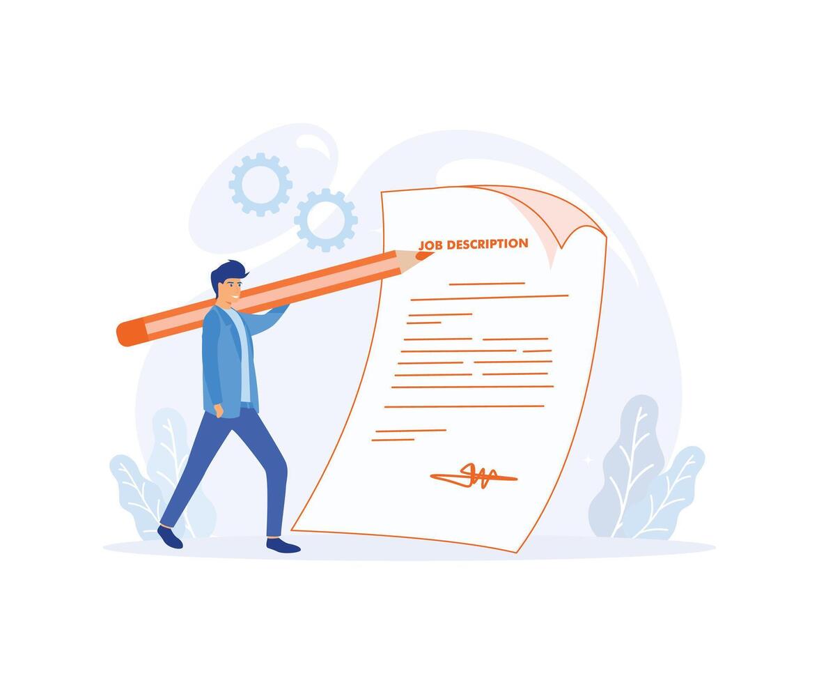 Company employee writing job description in flat design. vector