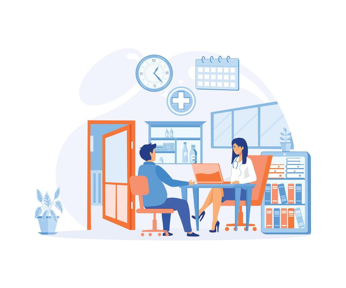 Man Talking with Woman Doctor in Office. Patient having Consultation about Disease Symptoms with Doctor Therapist in Hospital.  flat vector modern illustration