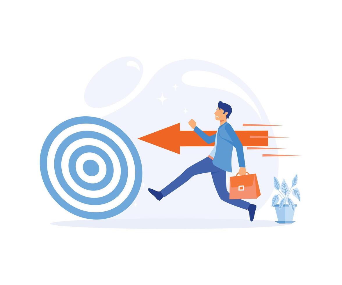 Business target. Super businessman running and breaking target archery to Successful. flat vector modern illustration