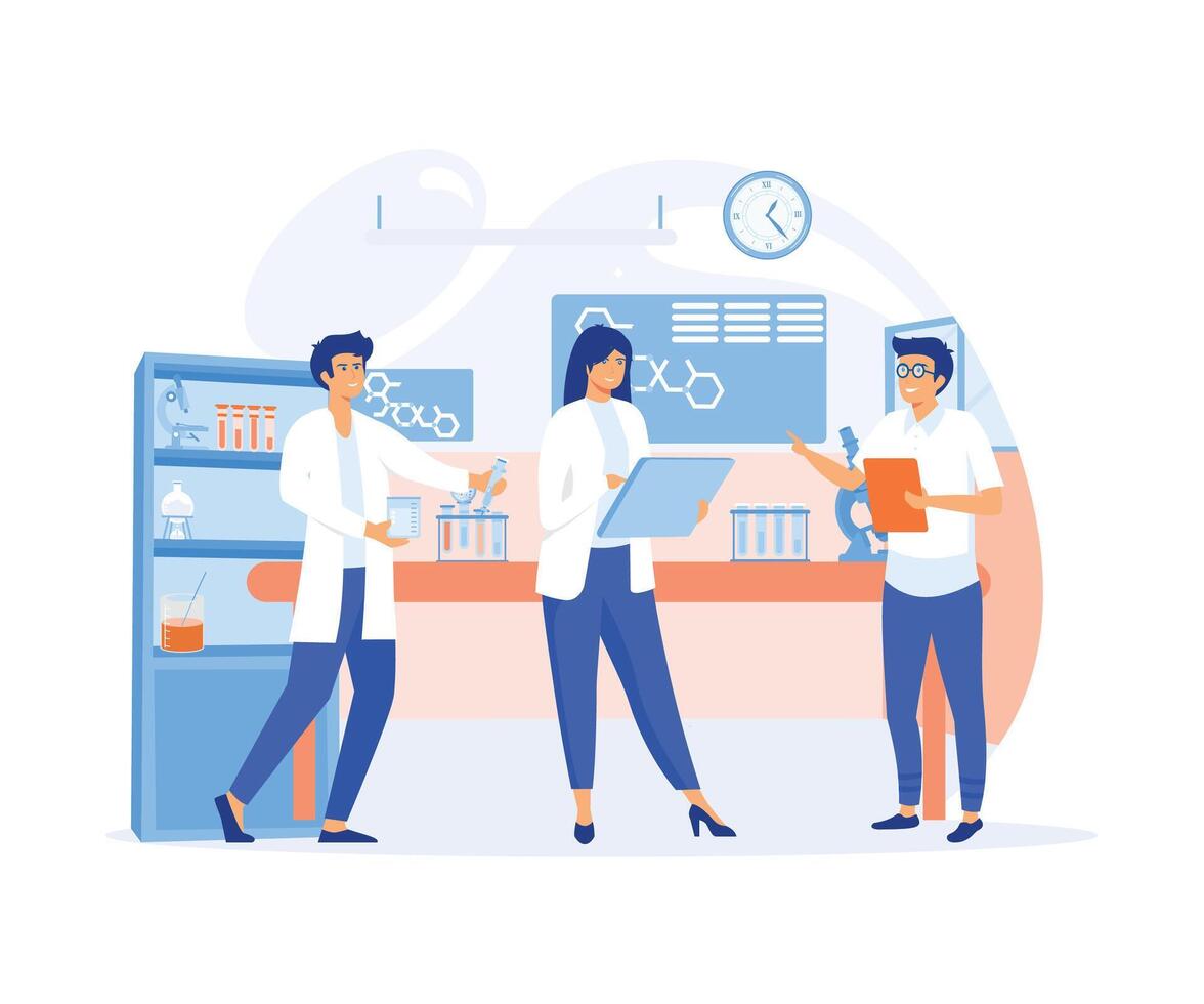 Scientists in lab. People in white coat, chemical researchers with laboratory equipment. flat vector modern illustration