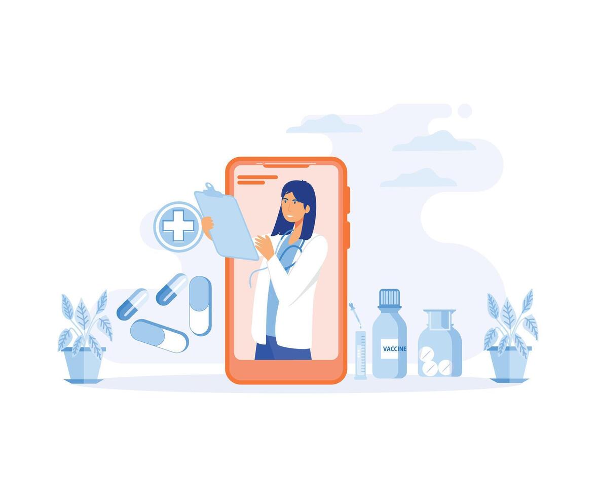 Smartphone screen with a female doctor. Online medical services, consultation and telemedicine concept.  flat vector modern illustration