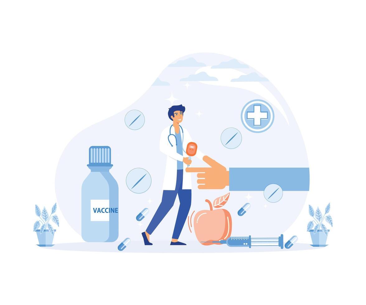 Diabetes level. Flat tiny high sugar level in blood persons concept. Illness treatment with insulin injection lifestyle. flat vector modern illustration