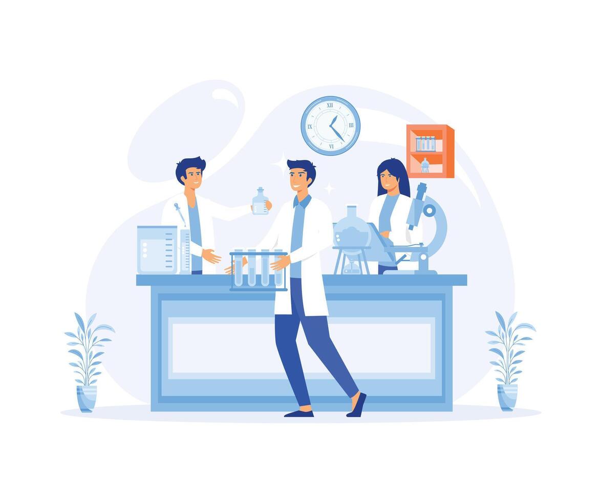 Scientific research. Scientist people wearing lab coats, science researches and chemical laboratory experiments. flat vector modern illustration