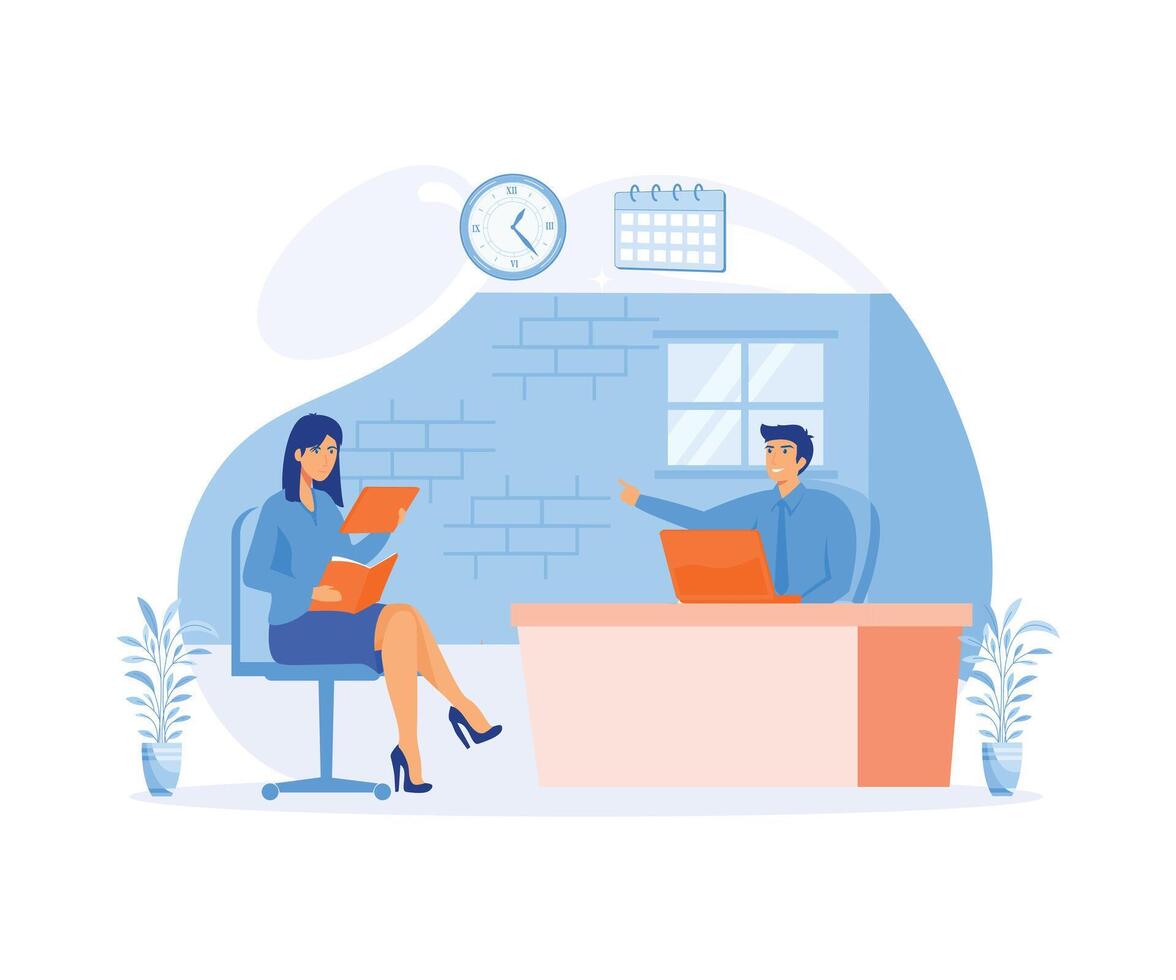 mujer teniendo un trabajo entrevista con empresario hr.plano vector moderno ilustración