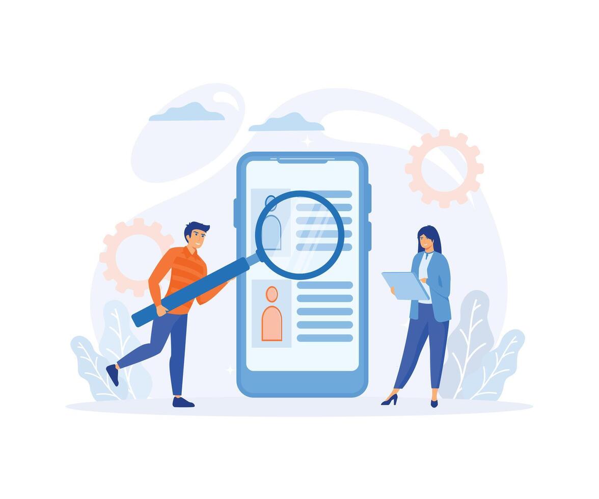 Work Descriptions, Recruitment Headhunting Concept. Tiny Employer Characters Reading Personnel Resume.  flat vector modern illustration