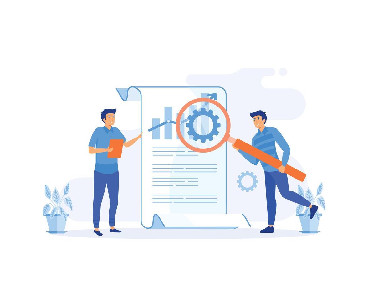 People analyzing market trends and planning seo optimization.  flat vector modern illustration