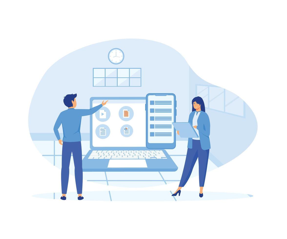 Document management soft abstract concept. Man and woman analyzing documents data  via laptop. flat vector modern illustration