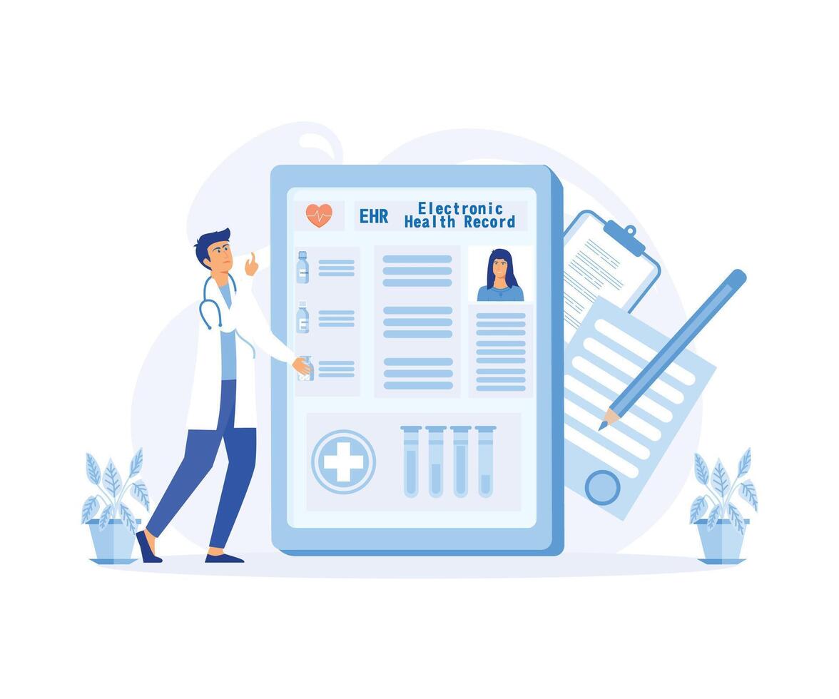 Electronic health record, EHR digital patient tablet chart, male doctor. New technology to replace paper clinical data.flat vector modern illustration