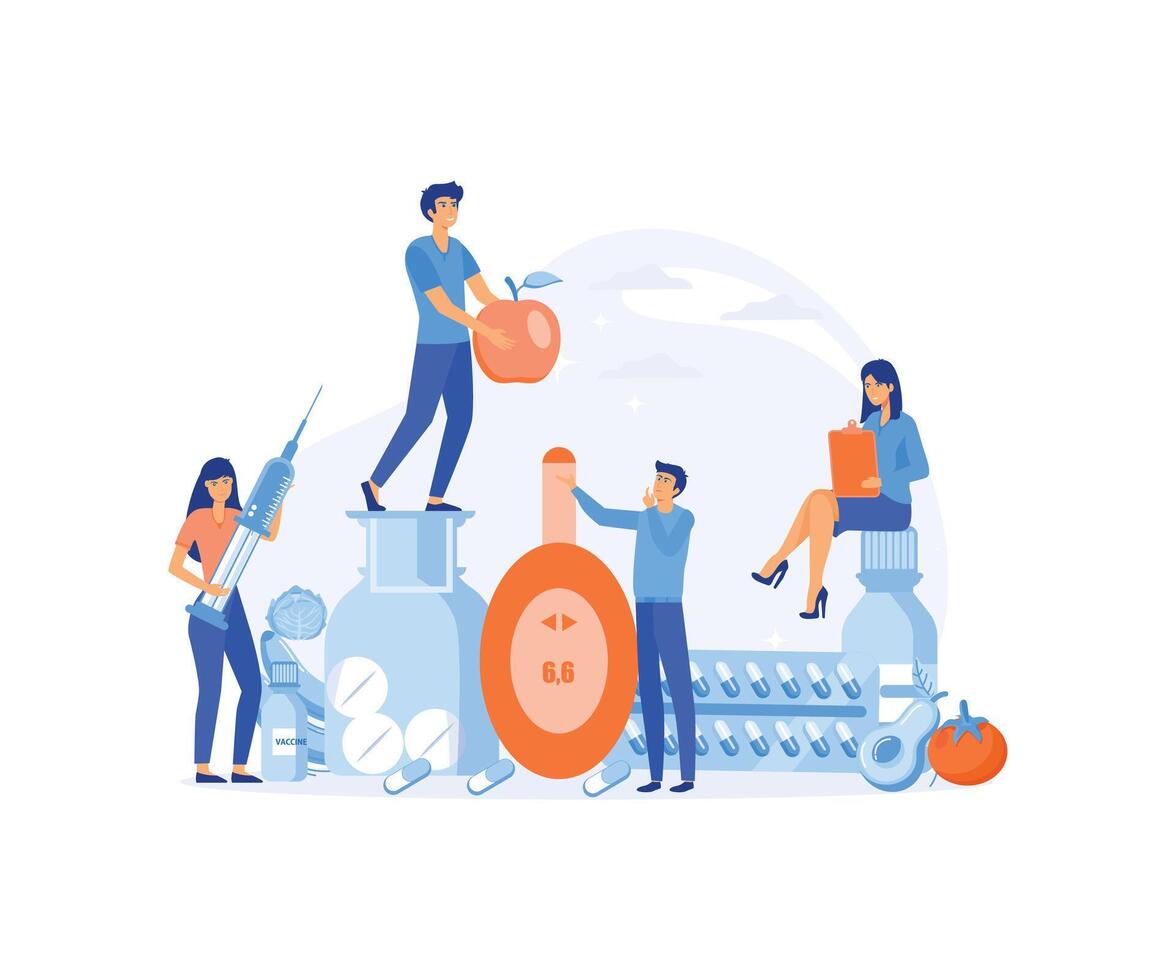Diabetes poster with characters. Tiny people with diet food, diabetic medications and glucometers for sugar level blood test.  flat vector modern illustration
