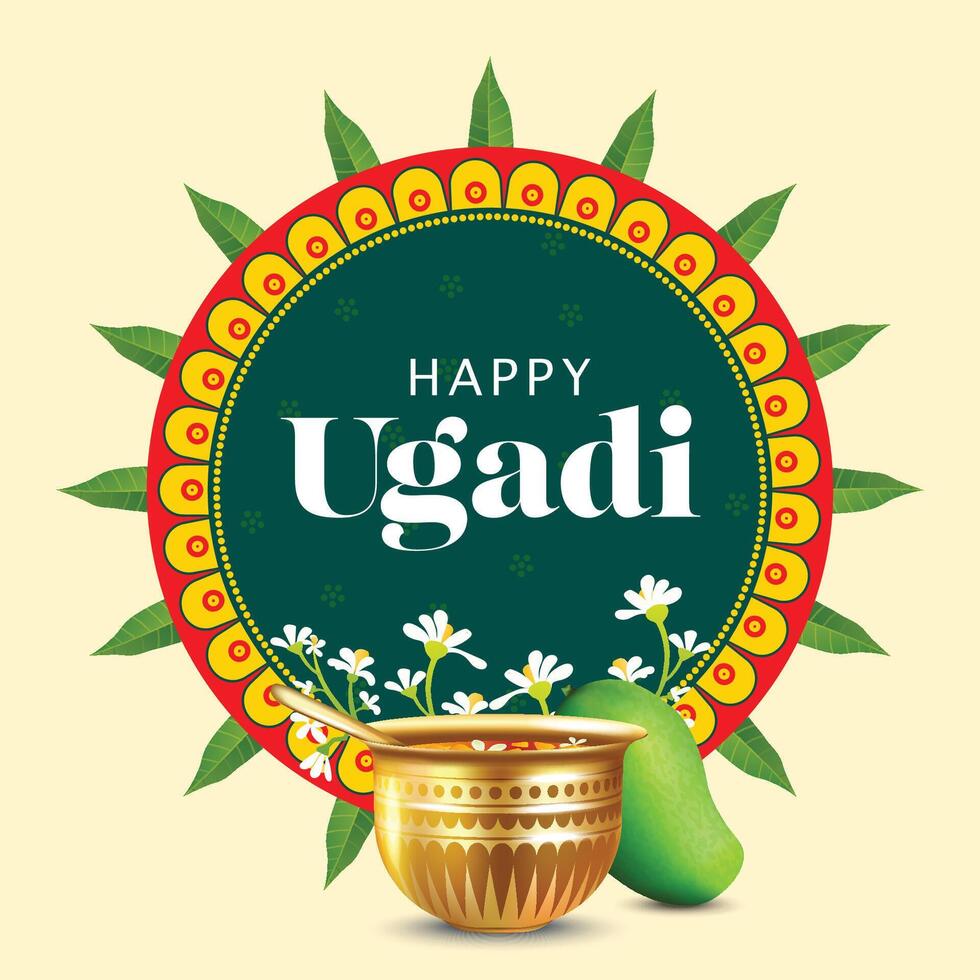 Indian regional telugu and kanna new year festival UGADI wishes english and decorated with festive elements vector