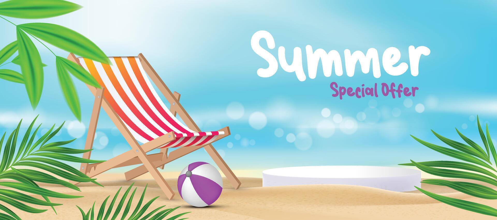 summer sale offer banner template with product podium, Beach chair in sand, deck chair vector