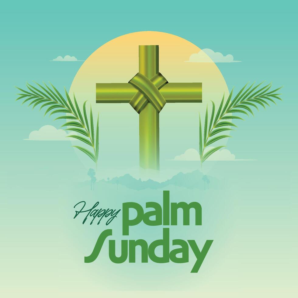 Vector illustration of Christian Palm Sunday with palm branches and leaves and cross illustration