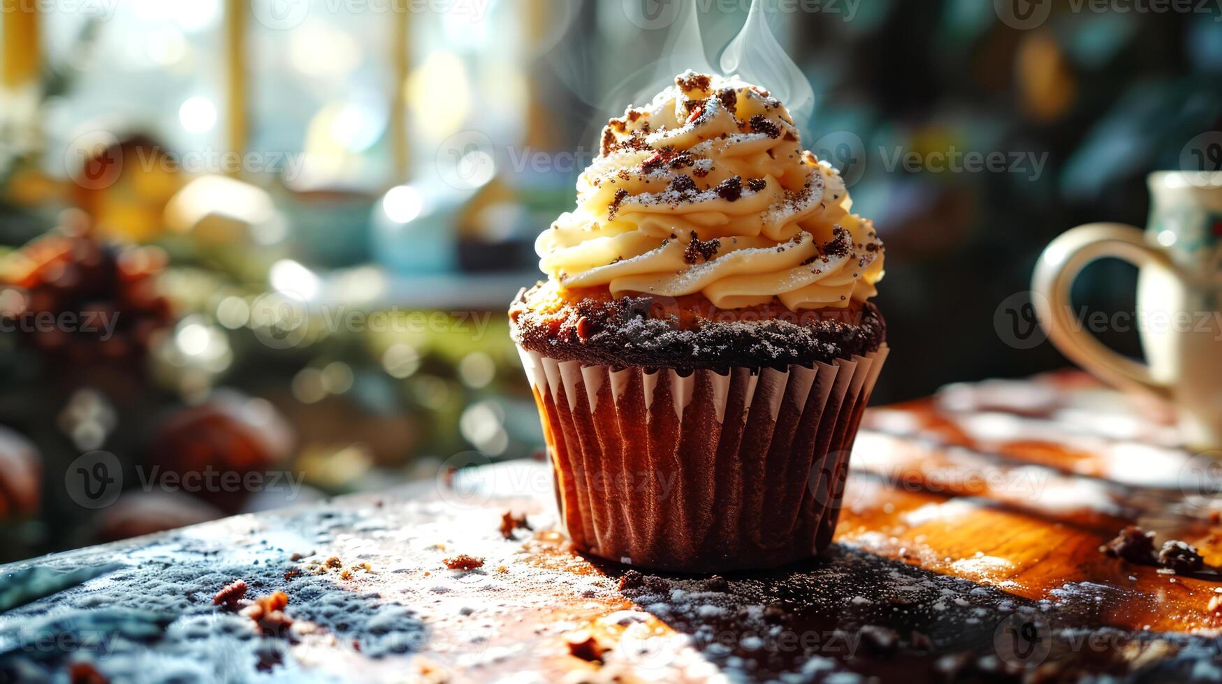 AI generated Cupcake with cream and cup of coffee on the wooden table. photo