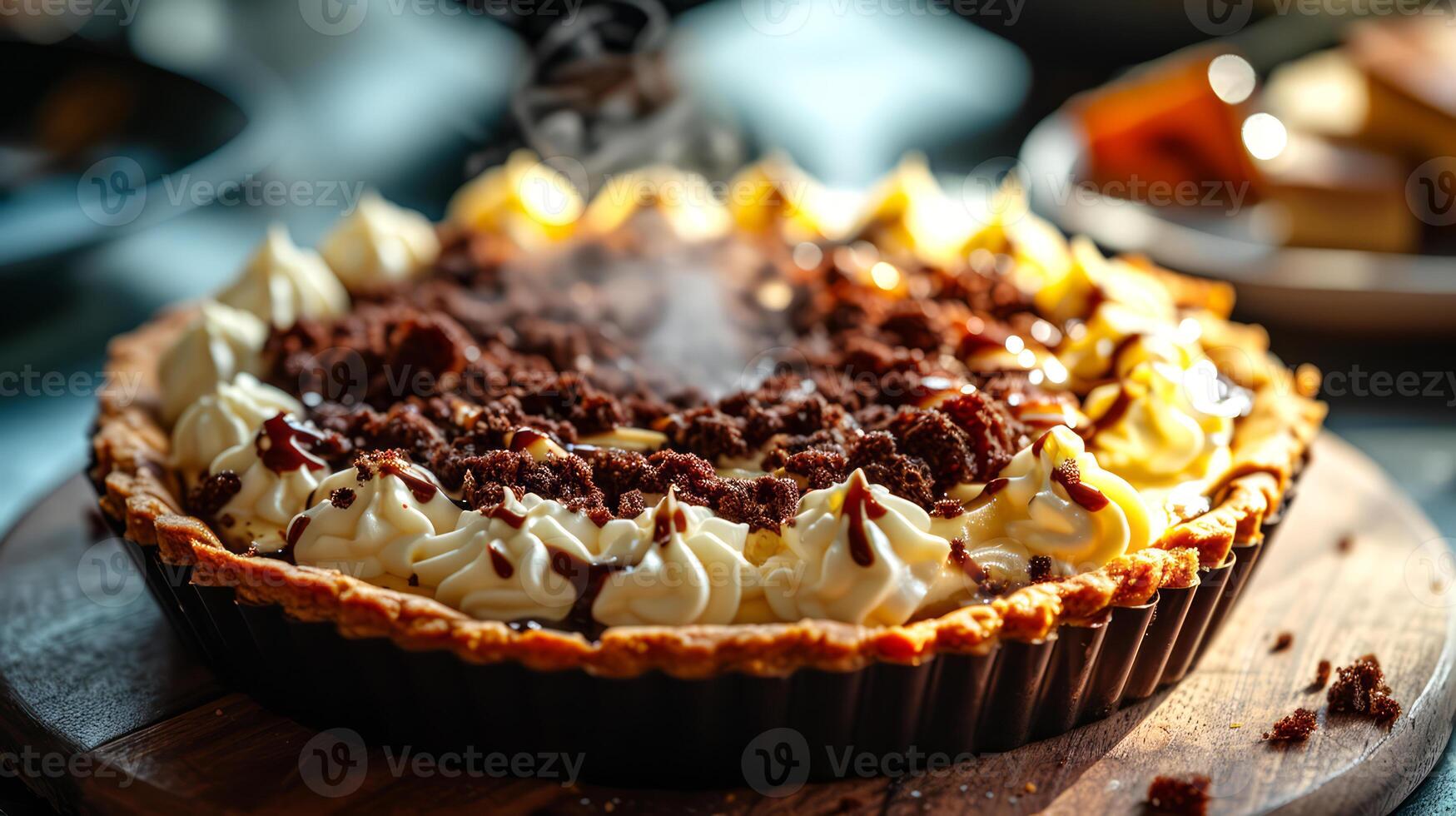 AI generated Delicious homemade pie with chocolate and cream on a dark background. photo