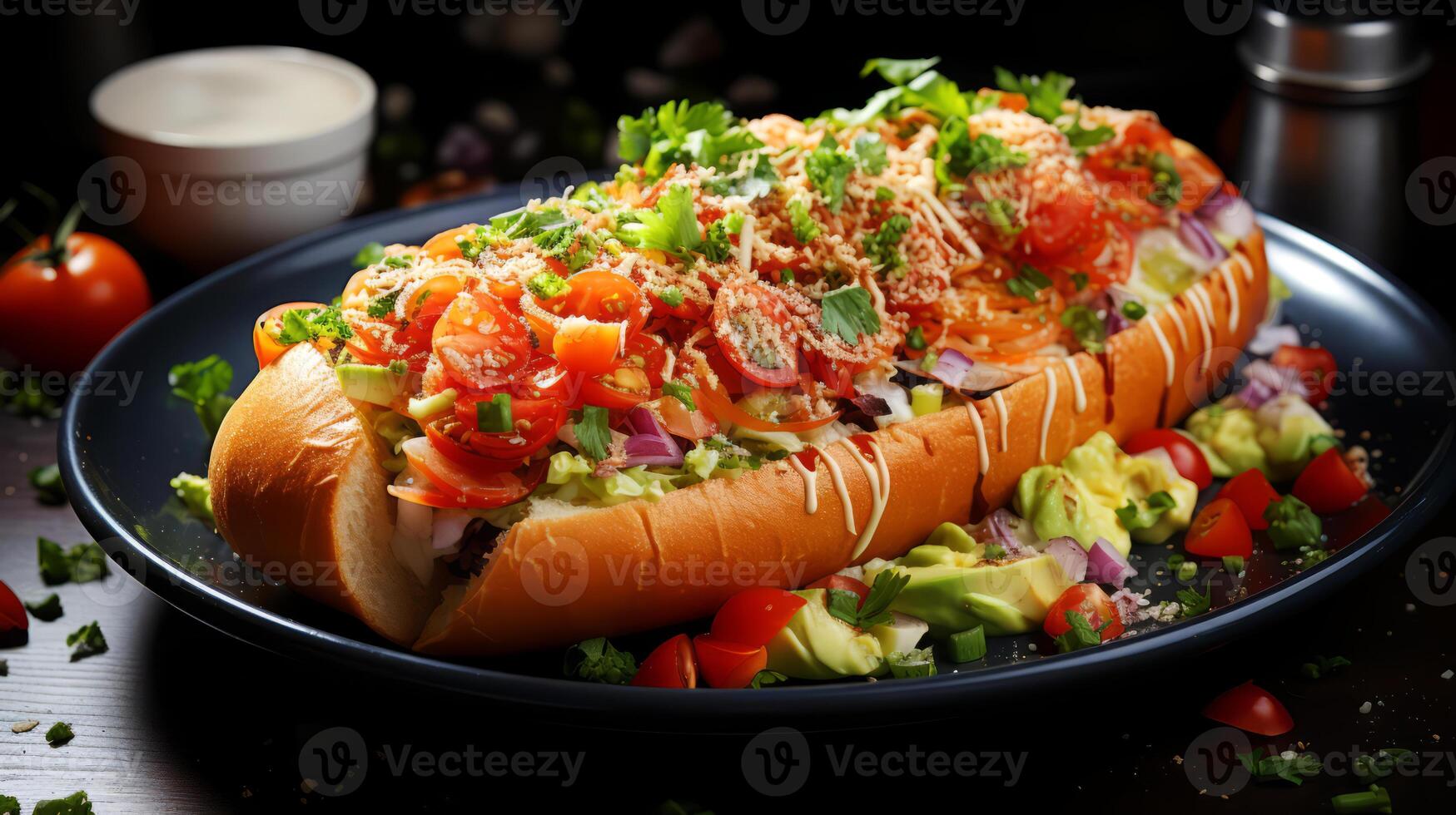 AI generated Hot dog with vegetables and sauce on a wooden board on a dark background. photo