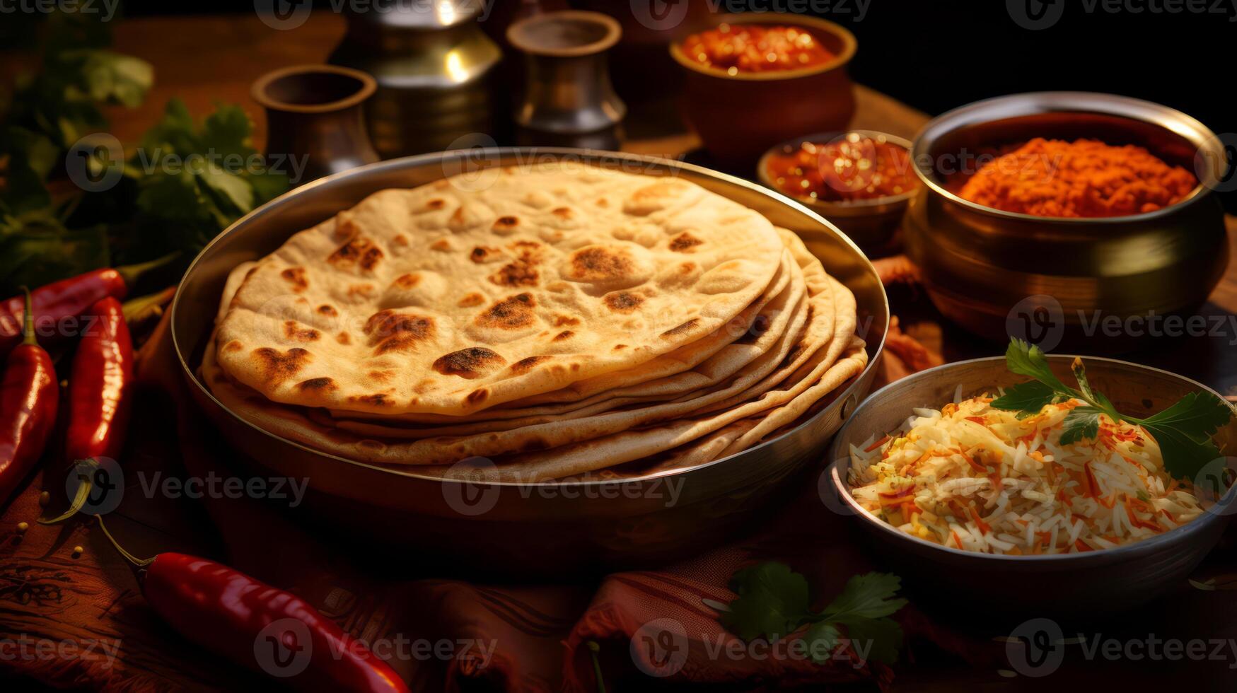 AI generated Indian chicken curry with rice and sheet flour. photo