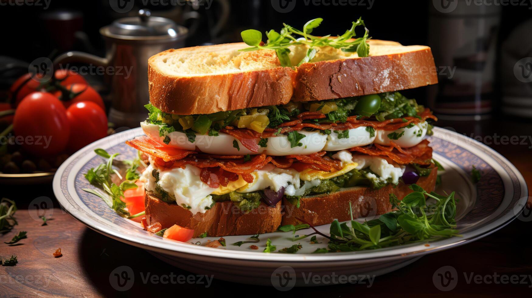 AI generated Sandwich with fresh salad on wooden background. photo