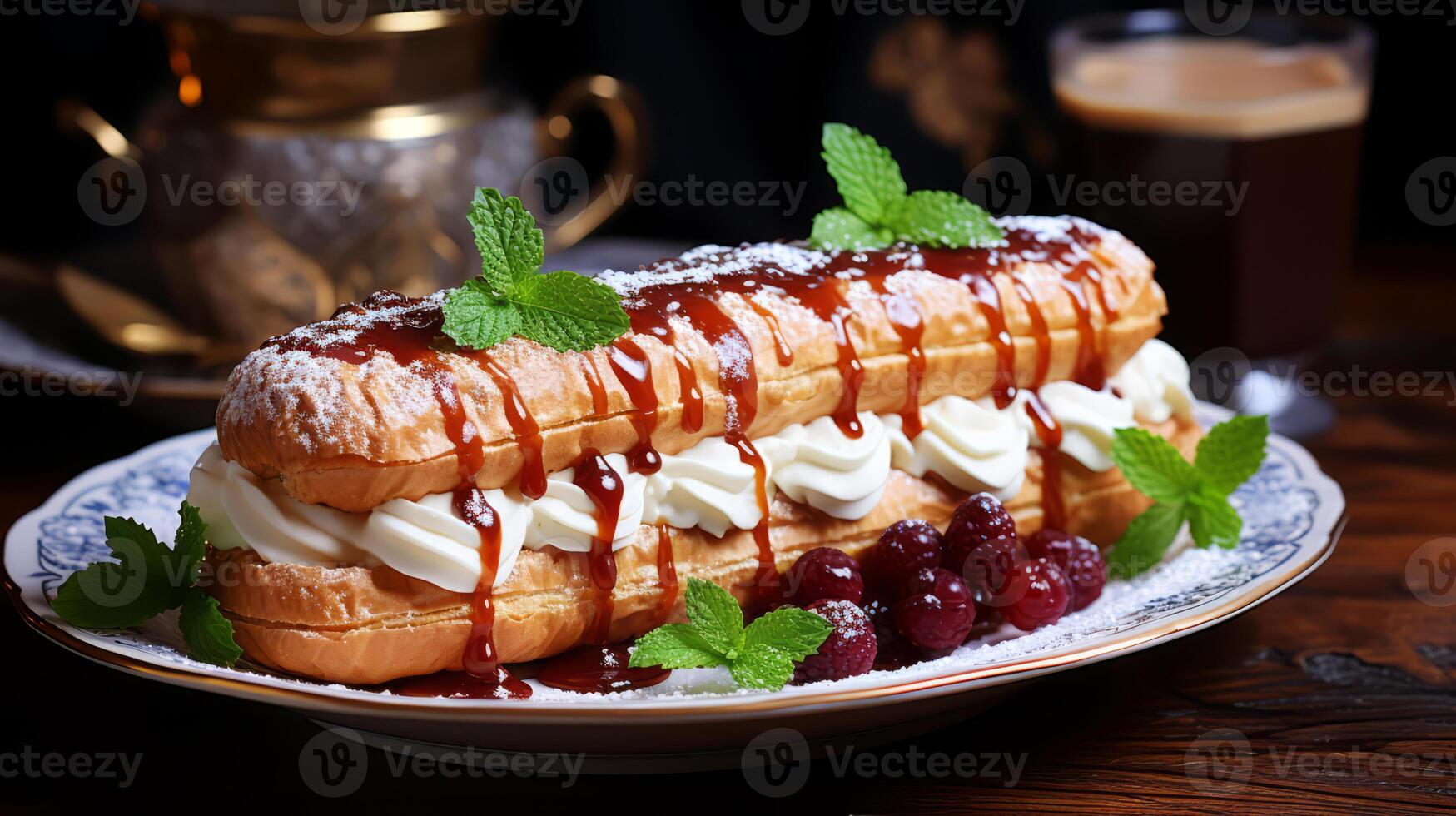AI generated Eclair with cream and berries on a wooden table in a restaurant. photo