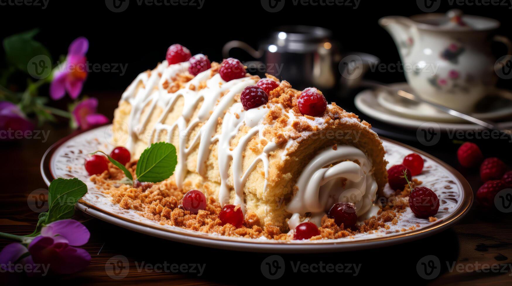 AI generated Cake rolls with berry sauce on a white plate on a black background. photo