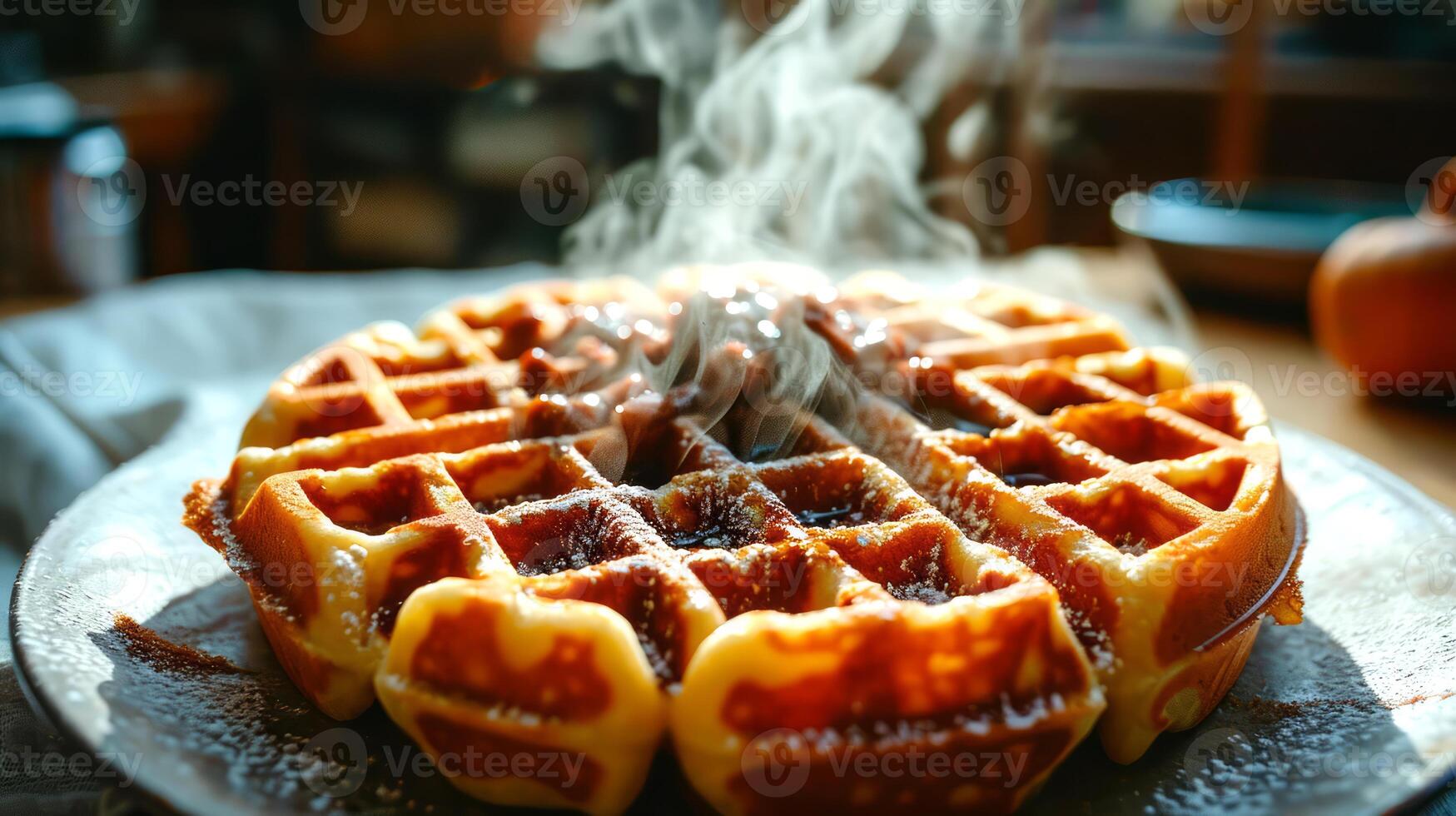 AI generated Belgian waffles on a plate with smoke, close-up. photo