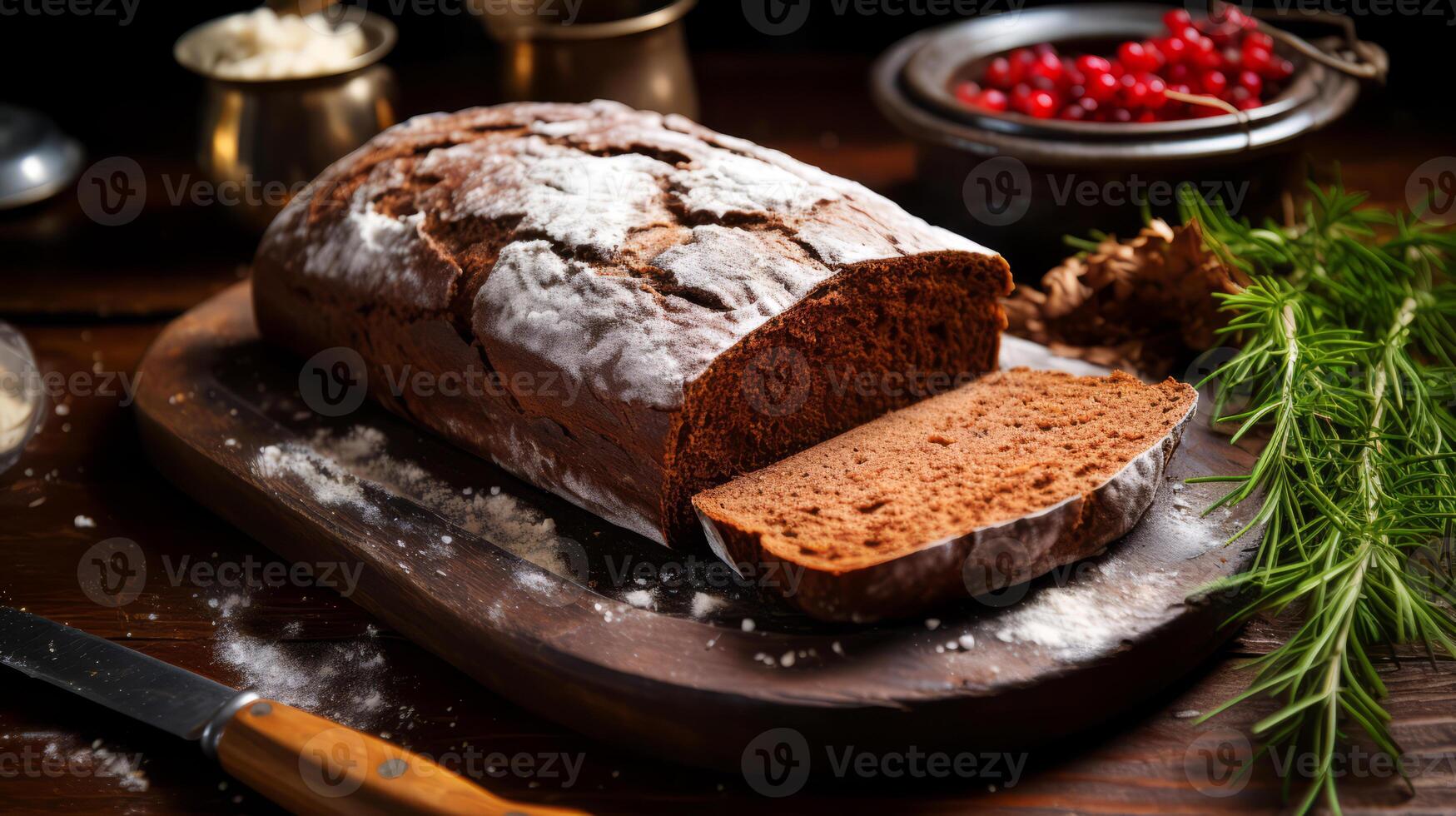 AI generated Freshly baked bread on a wooden board with wheat and flour. photo