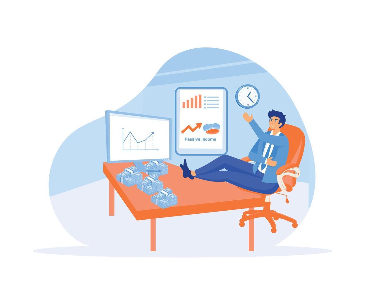 Businessman relaxing in chair working with computer and earning coins. flat vector modern illustration