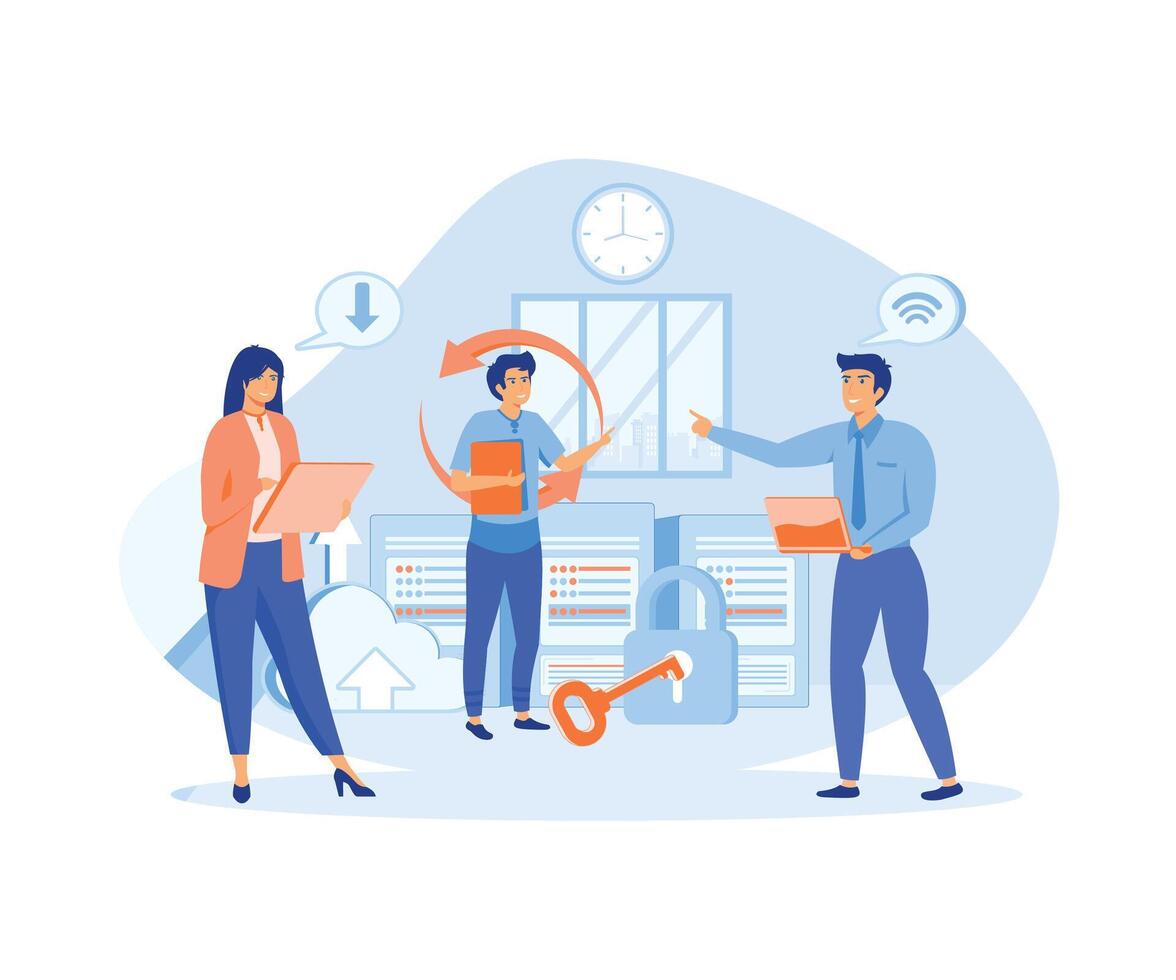 Cloud Computing. Web cloud technology, data storage, hosting, connection. Working process, teamwork communication. lat vector modern illustration
