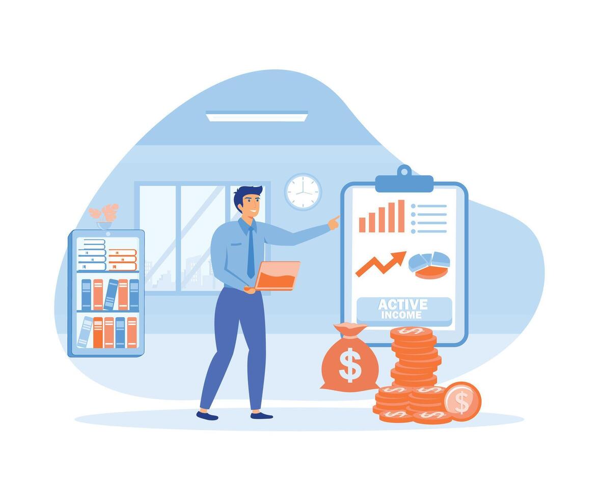 Man has paid job with stable salary.  flat vector modern illustration