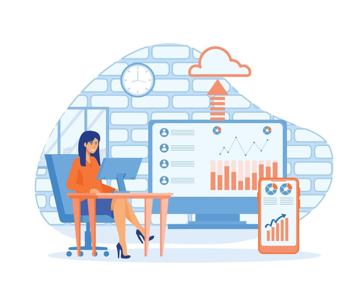 Business technology cloud computing service concept and with developer team working on dashboard monitor concept.  flat vector modern illustration