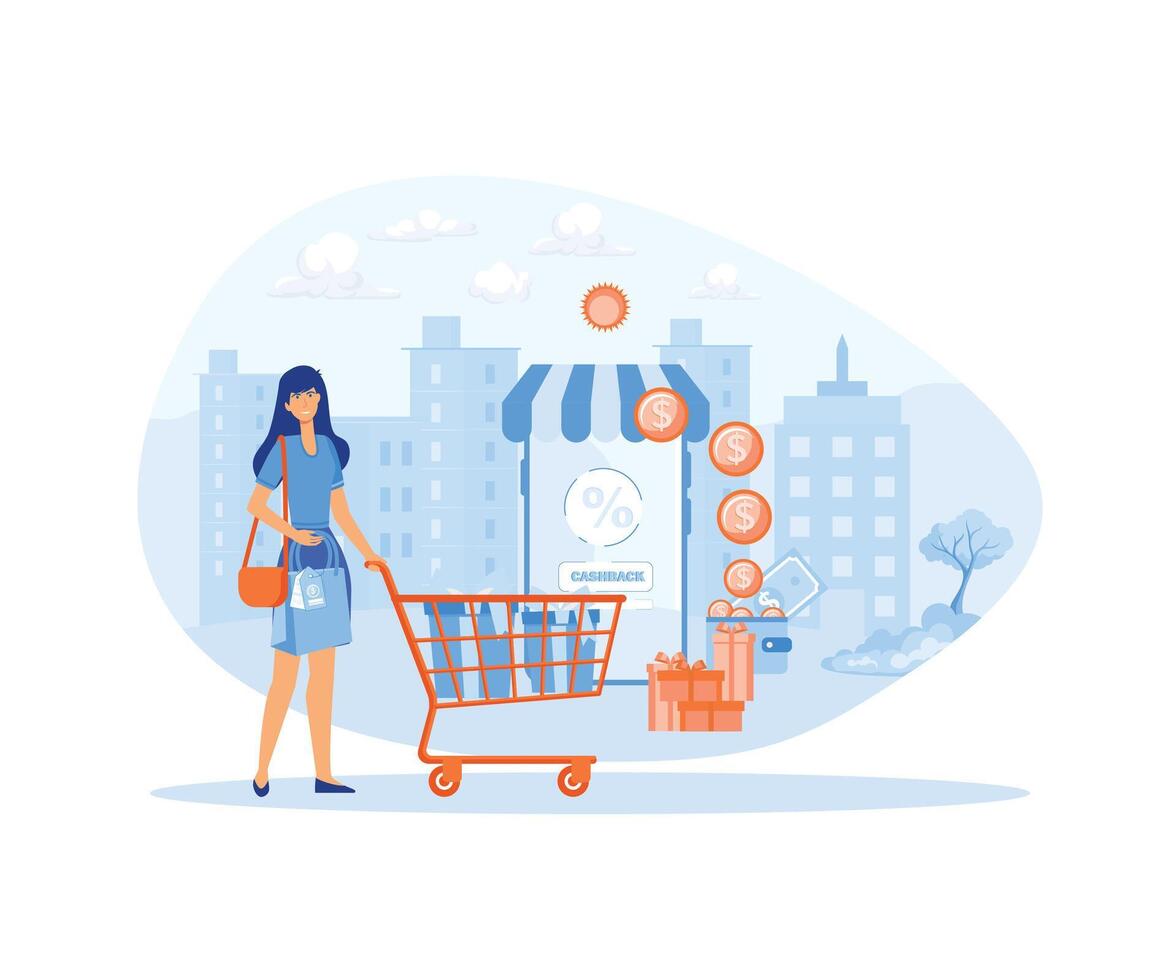 Online cash back service for purchases with mobile screen. Internet money saving. Bonus program. flat vector modern illustration